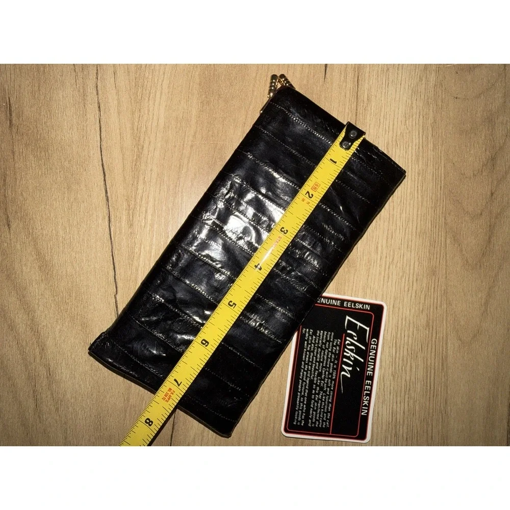 Genuine Eel Skin Long Wallet Black Exotic Leather Clasp Close P